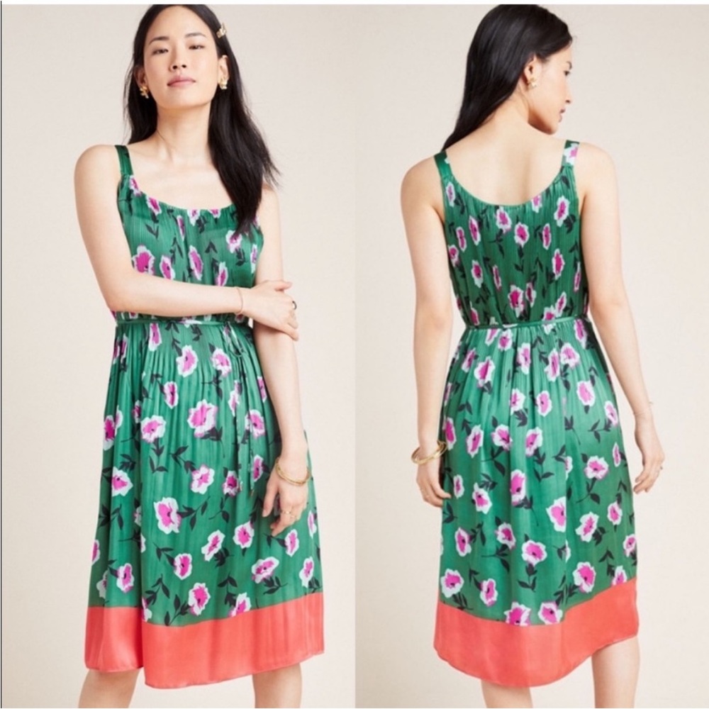 EUC silky green and peach floral dress from Anthropologie sz S